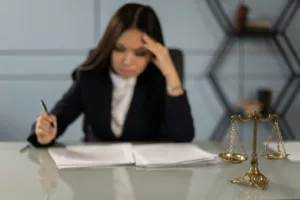 A fatigued female lawyer reviewing documents with a justice scale nearby, emphasizing stress in legal work.